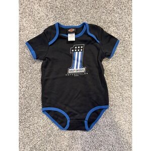 Harley-Davidson Bodysuit Unisex 12/18M Black Blue #1 Logo Graphic Romper Biker